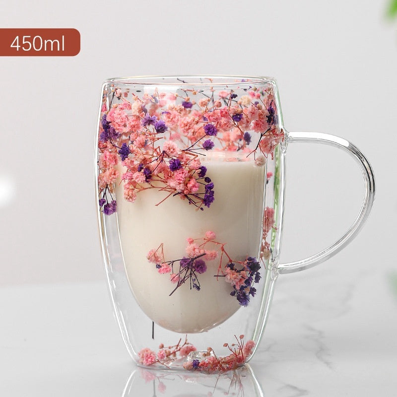 Internet Celebrity Real Flower Double Layer Good-looking Starry Milk Coffee Glass Simple