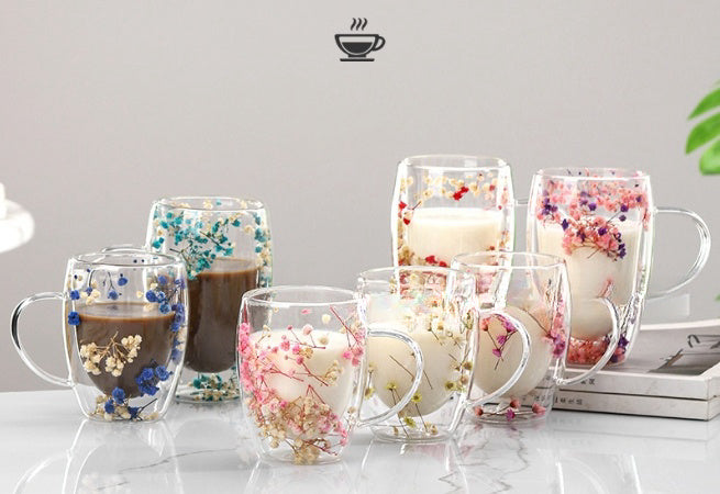 Internet Celebrity Real Flower Double Layer Good-looking Starry Milk Coffee Glass Simple