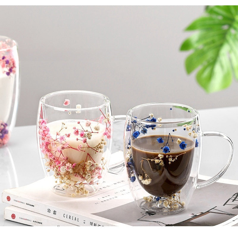 Internet Celebrity Real Flower Double Layer Good-looking Starry Milk Coffee Glass Simple