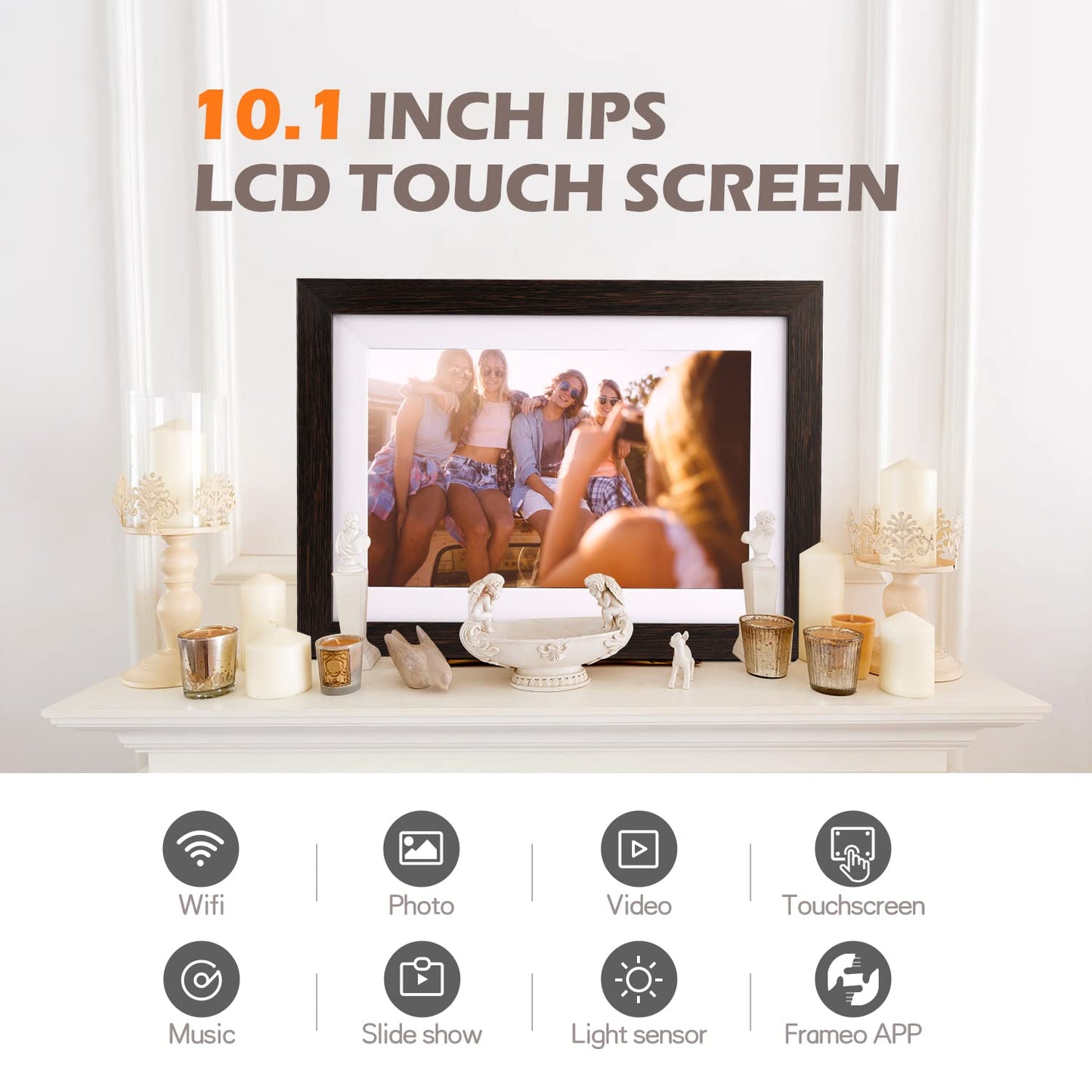 Frameo Digital Picture Frame WiFi 10.1inch Digital Photo Frame,Electronic Photo Frame Load from Phone,1280x800 IPS Touch Screen HD Display,Auto-Rotate,Share Photos/Video-Great Gift(Brown Wood)