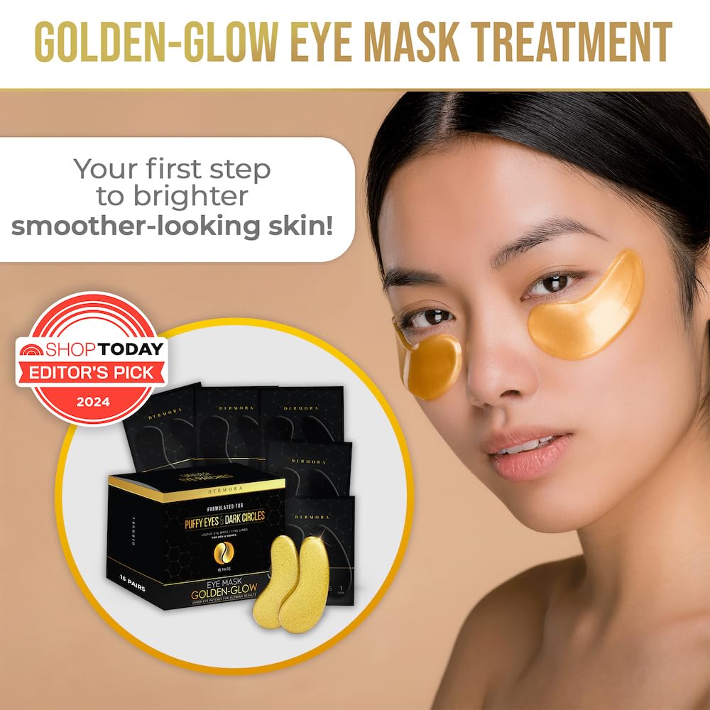 DERMORA Golden Glow Under Eye Patches (20 Pairs Eye Gels) - Rejuvenating Treatment for Dark Circles, Puffy Eyes, Refreshing, Revitalizing, Travel, Wrinkles