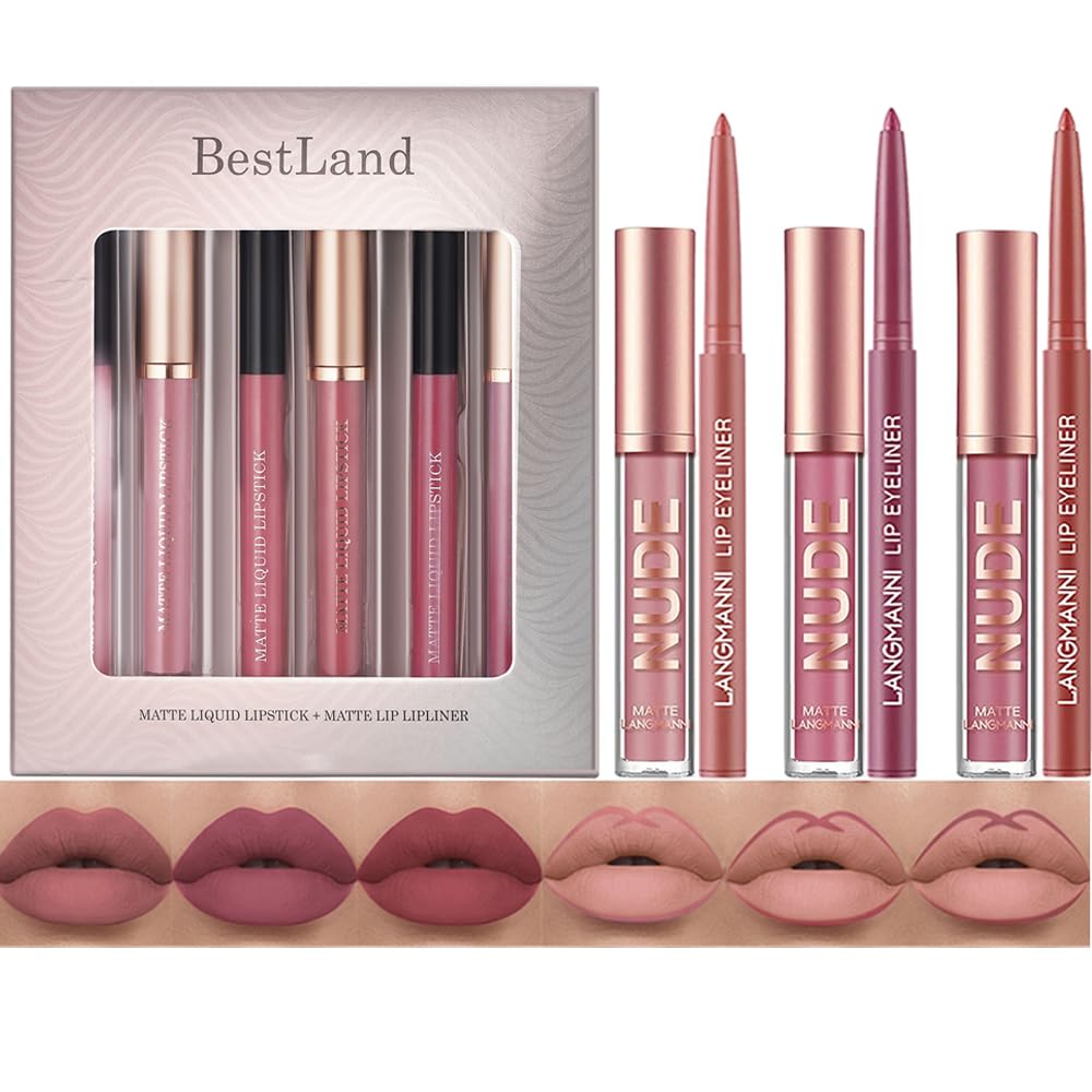 BestLand 12Pcs Matte Liquid Lipstick + Lip Liner Pens Set, One Step Lips Makeup Kits Pigment Velvety Nude Lip Stain Waterproof Long Wear Lip Gloss Make up Gift Set (Set A)