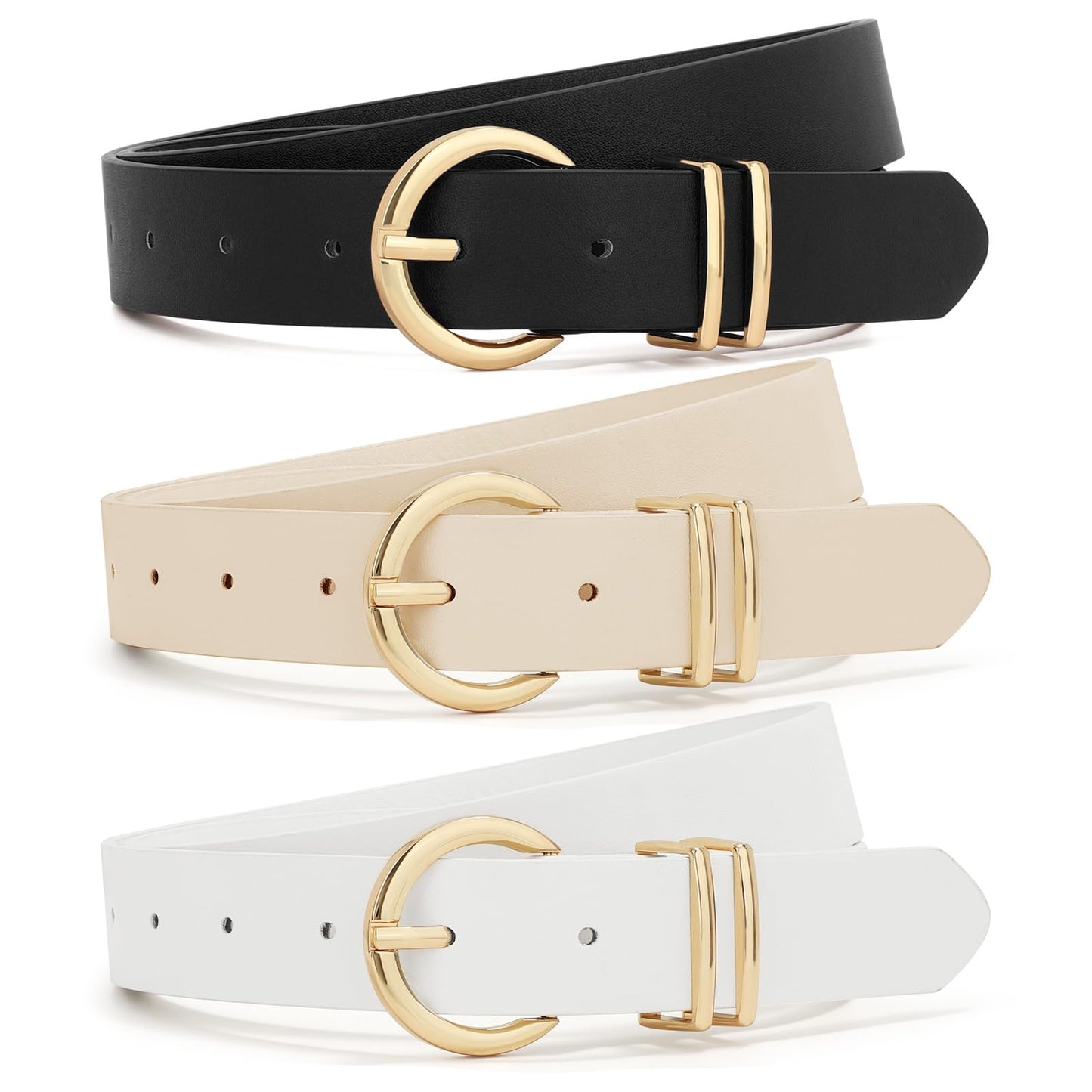 XZQTIVE 3 Pack Women Belts For Jeans Dresses Pants Ladies Leather Waist Belt with Gold Buckle