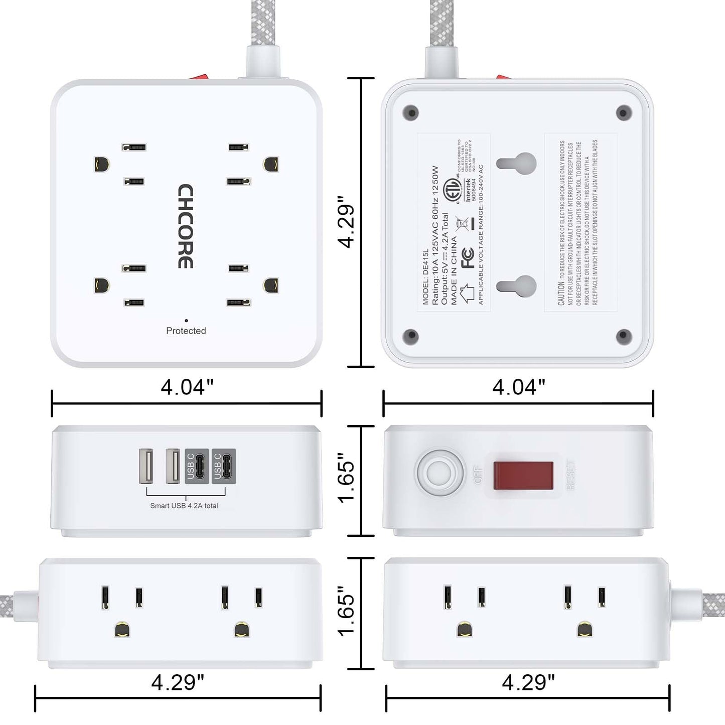 Surge Protector Power Strip - CHCORE 5Ft Braided Extension Cord with 8 Outlets with 4 USB (2 USB C) Charging Ports, Flat Plug Multi Plug Outlet Extender Charging Station for Home Office, ETL, White