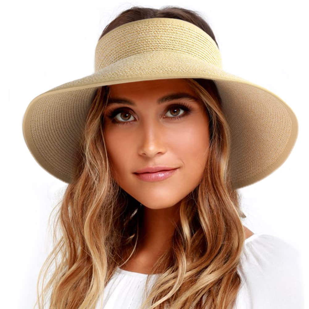 FURTALK Sun Visor Hats for Women Wide Brim Straw Ponytail Summer Beach Hat UV UPF Packable Foldable Travel