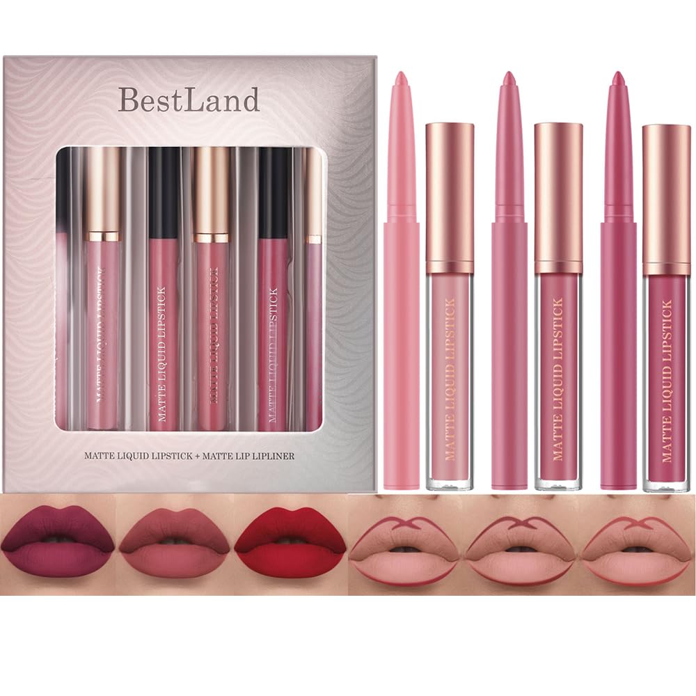 BestLand 12Pcs Matte Liquid Lipstick + Lip Liner Pens Set, One Step Lips Makeup Kits Pigment Velvety Nude Lip Stain Waterproof Long Wear Lip Gloss Make up Gift Set (Set A)