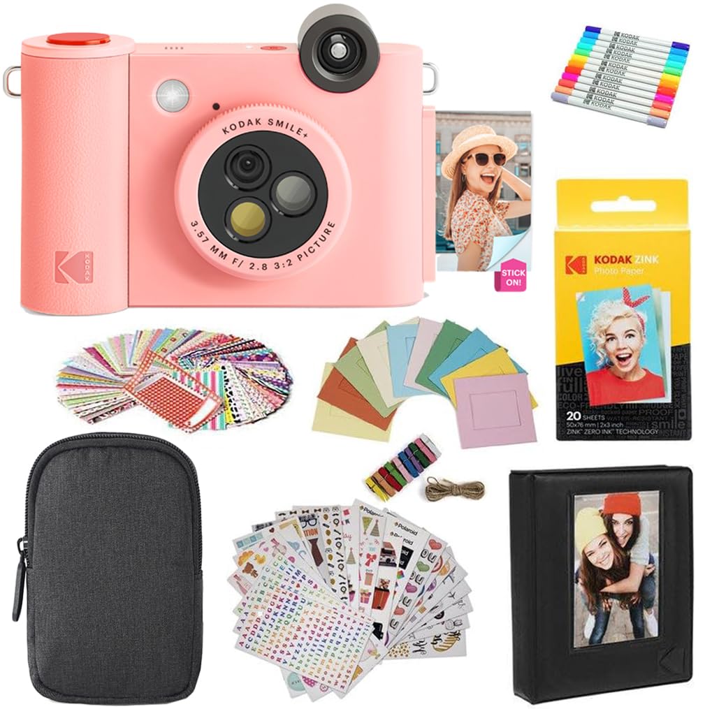 KODAK Smile+ 2-in-1 Digital Instant Print Camera & Wireless Bluetooth Photo Printer - 10MP, Special-Effect Rotating Lens, Zink 2x3” Sticky-Back Photos, Print via Fun App from Smart Devices - Fuchsia