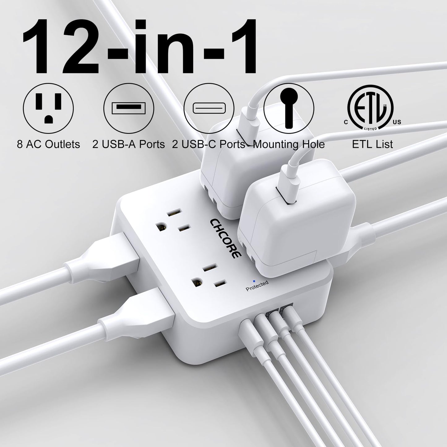 Surge Protector Power Strip - CHCORE 5Ft Braided Extension Cord with 8 Outlets with 4 USB (2 USB C) Charging Ports, Flat Plug Multi Plug Outlet Extender Charging Station for Home Office, ETL, White