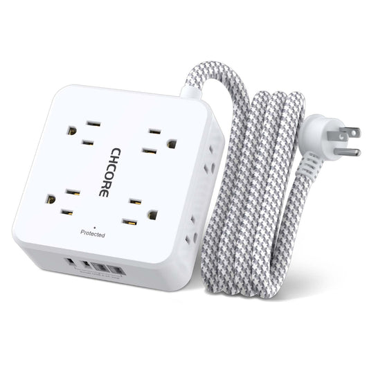 Surge Protector Power Strip - CHCORE 5Ft Braided Extension Cord with 8 Outlets with 4 USB (2 USB C) Charging Ports, Flat Plug Multi Plug Outlet Extender Charging Station for Home Office, ETL, White