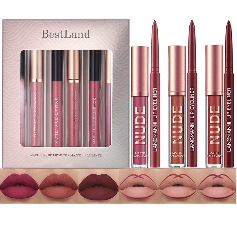 BestLand 12Pcs Matte Liquid Lipstick + Lip Liner Pens Set, One Step Lips Makeup Kits Pigment Velvety Nude Lip Stain Waterproof Long Wear Lip Gloss Make up Gift Set (Set A)