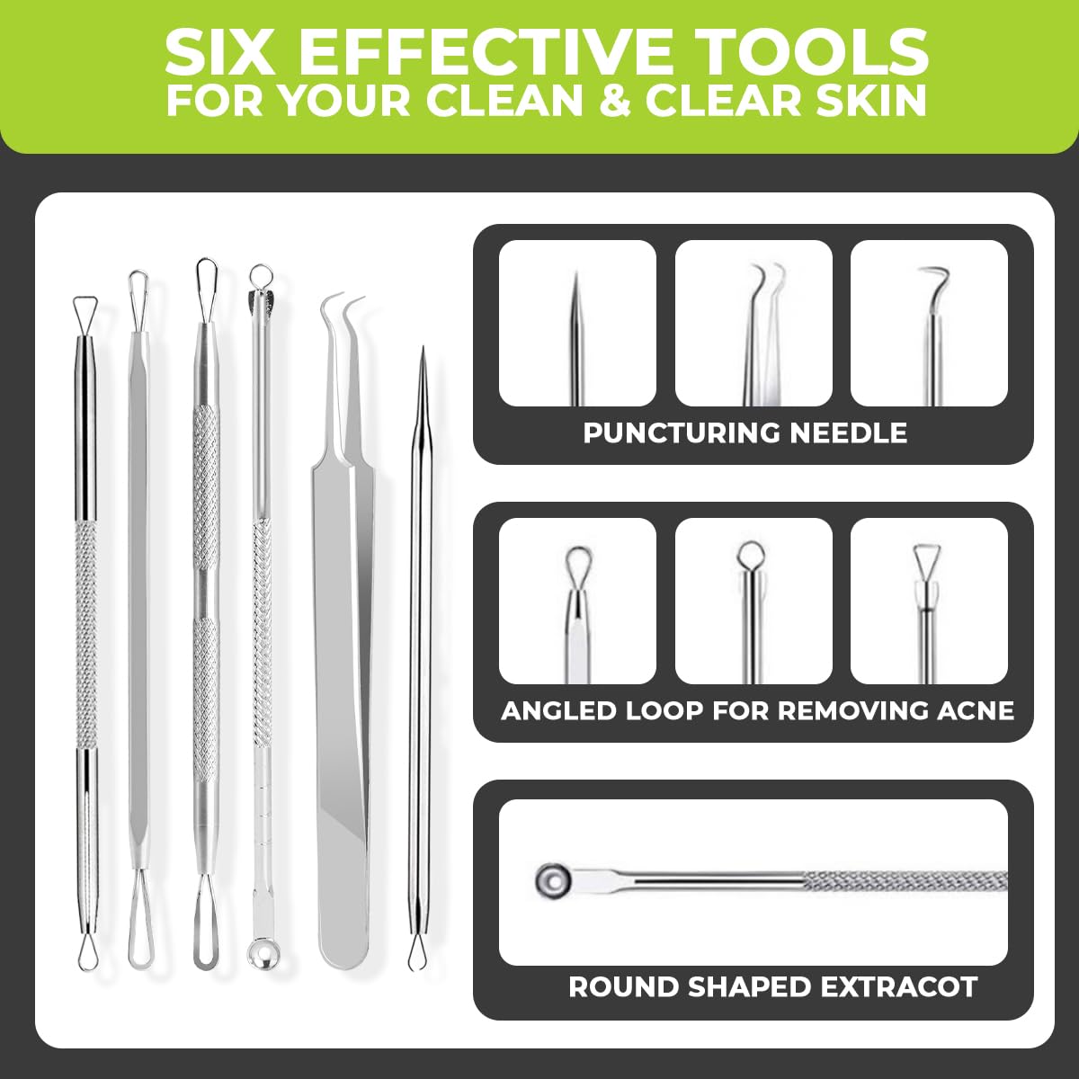 [6 Pcs] 2025 Latest Pimple Popper Tool Kit | Stainless Steel Blackhead Remover with Leather Case & Mirror for Acne, Blackheads, Whiteheads, Face & Nose