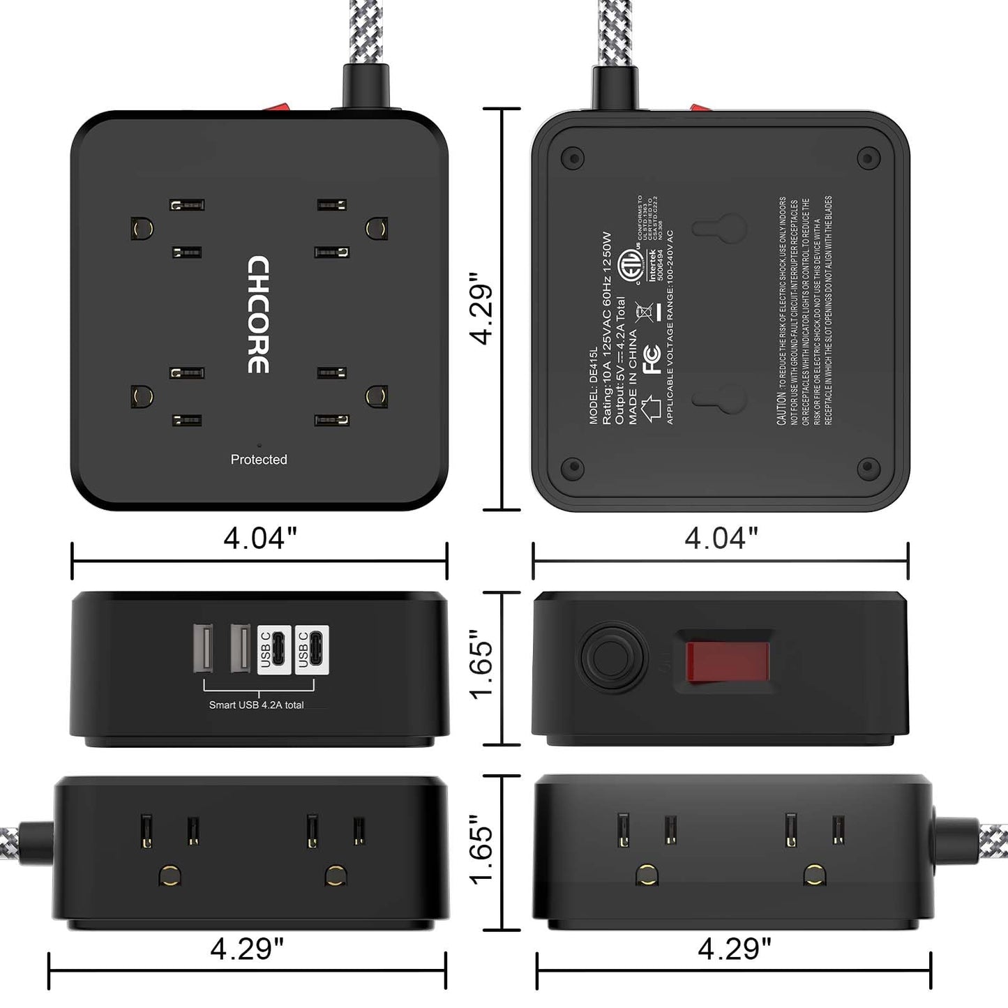 Surge Protector Power Strip - CHCORE 5Ft Braided Extension Cord with 8 Outlets with 4 USB (2 USB C) Charging Ports, Flat Plug Multi Plug Outlet Extender Charging Station for Home Office, ETL, White