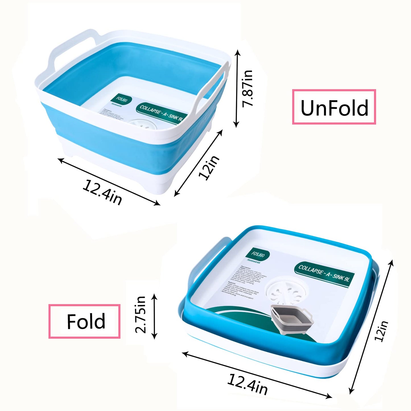 2.4 Gal(9L) Collapsible Dish Basin with Drain Plug,Space Saving Multiuse Foldable Sink Tub,Dishpan,Kitchen Sink for Camping,Plastic Tub,Vegetable Washing,Beverage Tubs