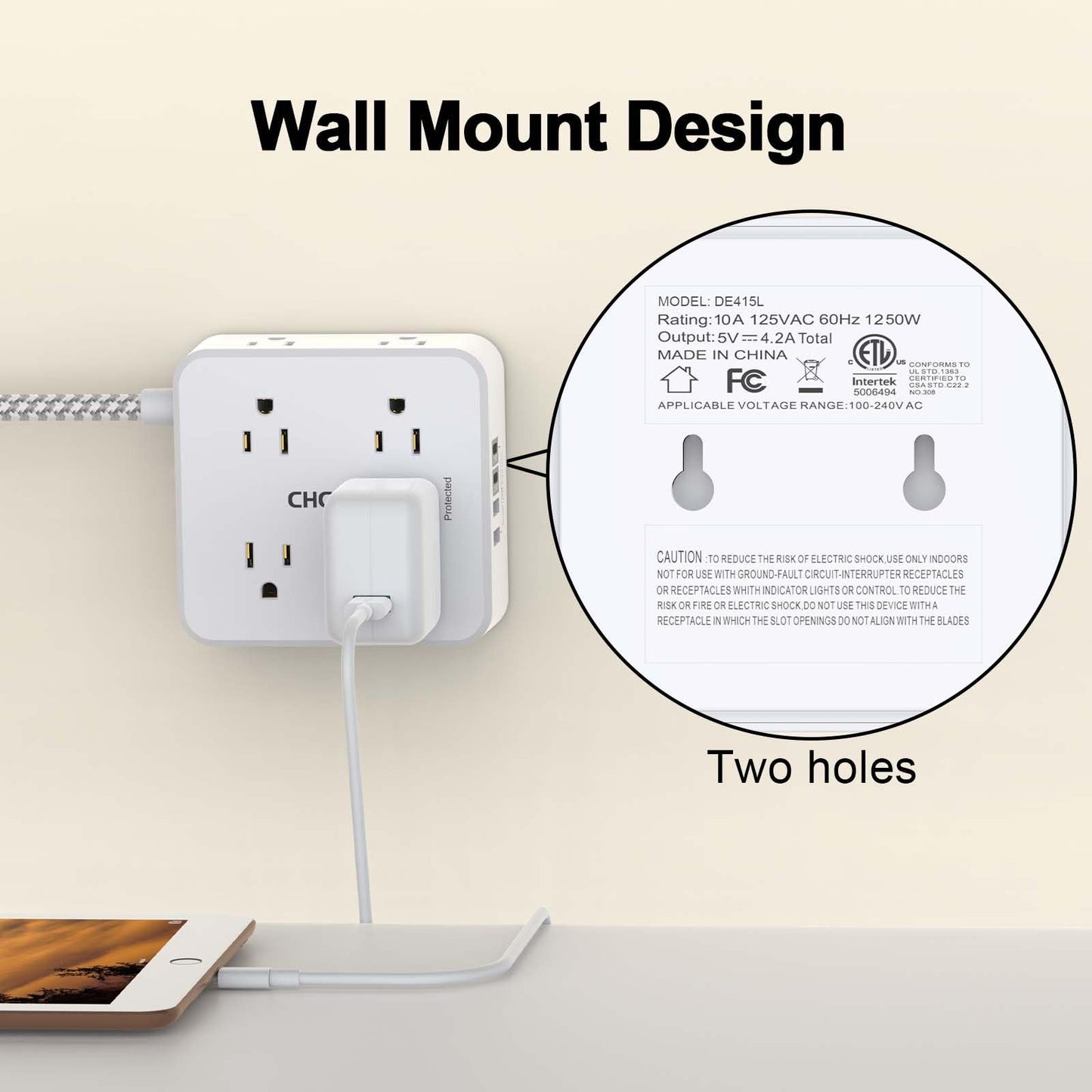 Surge Protector Power Strip - CHCORE 5Ft Braided Extension Cord with 8 Outlets with 4 USB (2 USB C) Charging Ports, Flat Plug Multi Plug Outlet Extender Charging Station for Home Office, ETL, White