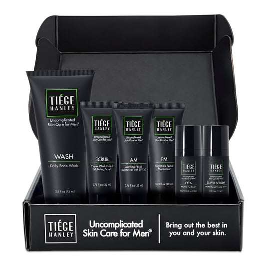 Tiege Hanley Mens Skin Care Set, Anti-Aging Skin Care Routine for Men (System Level 3) - Men's Skincare Set for Fines Lines Includes Face Wash, Scrub, Moisturizer, Eye Cream, & Face Serum