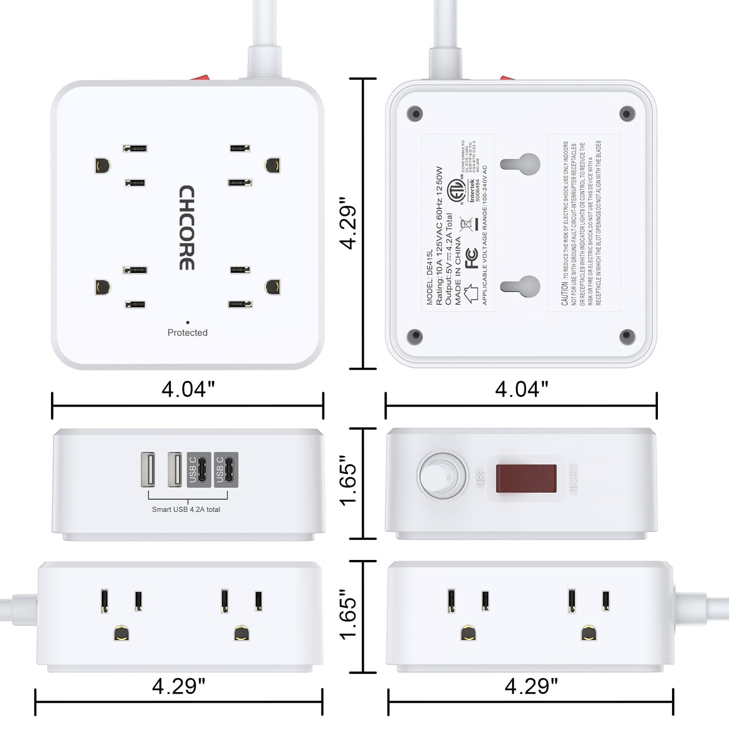 Surge Protector Power Strip - CHCORE 5Ft Braided Extension Cord with 8 Outlets with 4 USB (2 USB C) Charging Ports, Flat Plug Multi Plug Outlet Extender Charging Station for Home Office, ETL, White