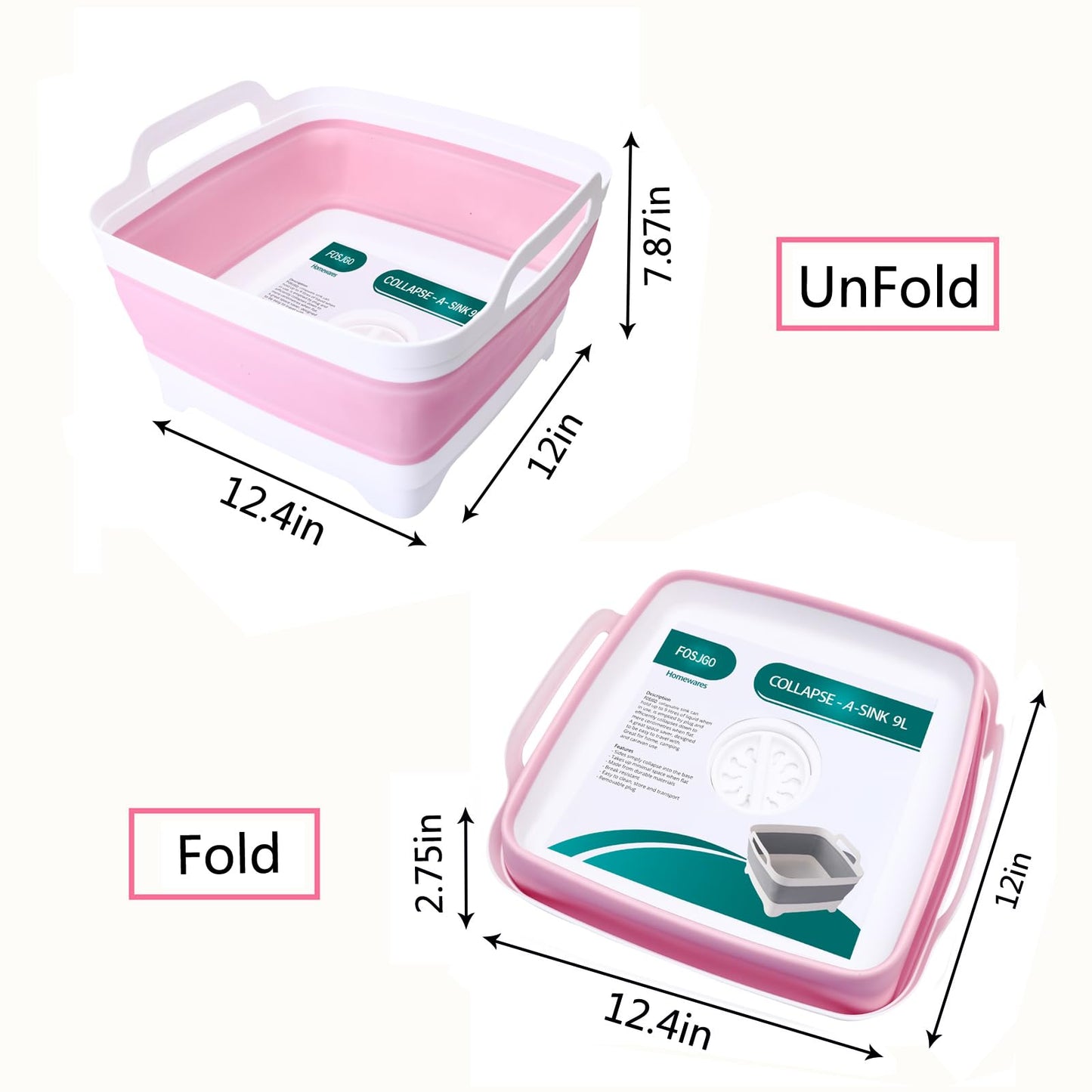 2.4 Gal(9L) Collapsible Dish Basin with Drain Plug,Space Saving Multiuse Foldable Sink Tub,Dishpan,Kitchen Sink for Camping,Plastic Tub,Vegetable Washing,Beverage Tubs