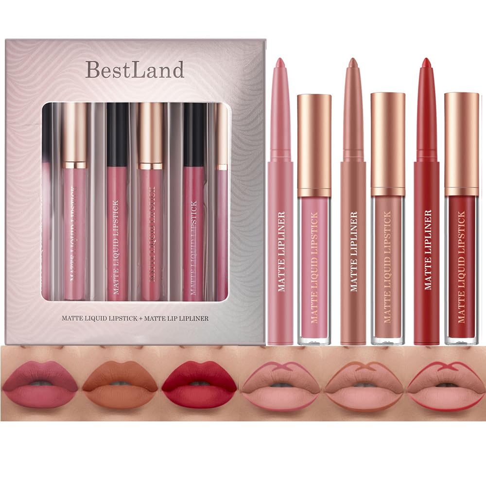 BestLand 12Pcs Matte Liquid Lipstick + Lip Liner Pens Set, One Step Lips Makeup Kits Pigment Velvety Nude Lip Stain Waterproof Long Wear Lip Gloss Make up Gift Set (Set A)