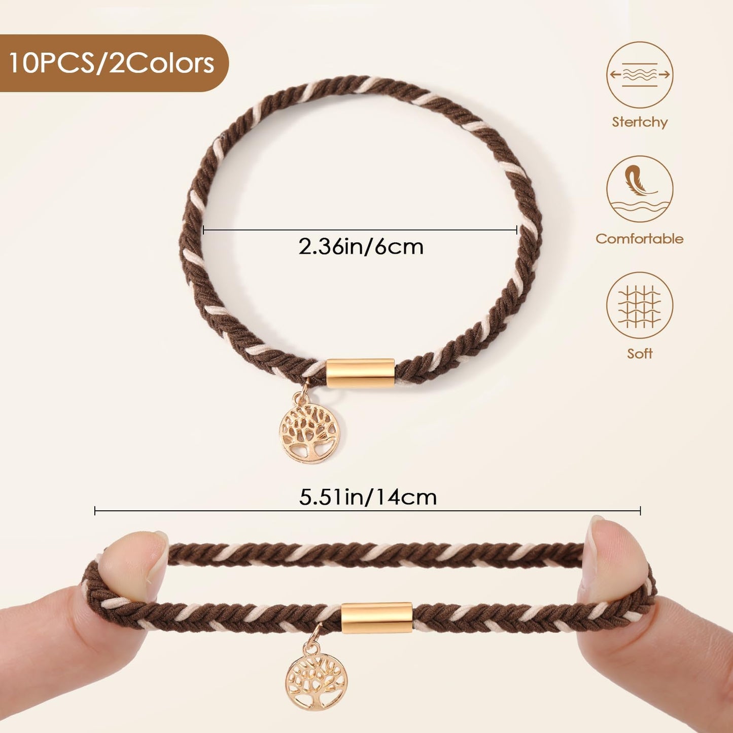 20 PCS Boho Hair Ties, Bracelets Hair Ties for Thick or Thin Hair, 4 Styles Boho Ties for Ponytail Holders, 2.36’’ Hair Ties No-Damage, Brown