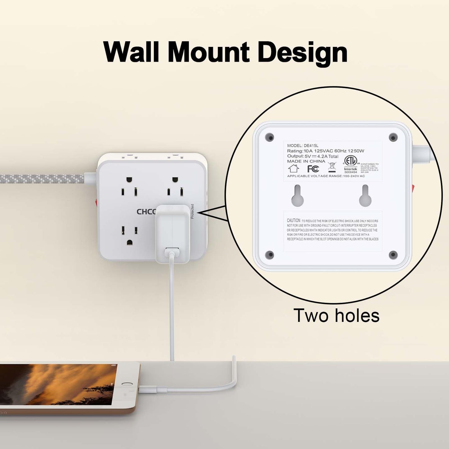 Surge Protector Power Strip - CHCORE 5Ft Braided Extension Cord with 8 Outlets with 4 USB (2 USB C) Charging Ports, Flat Plug Multi Plug Outlet Extender Charging Station for Home Office, ETL, White