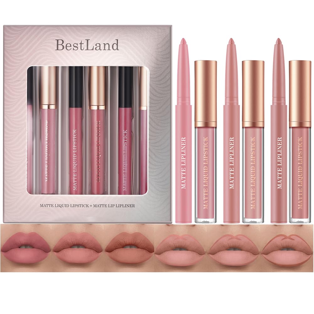 BestLand 12Pcs Matte Liquid Lipstick + Lip Liner Pens Set, One Step Lips Makeup Kits Pigment Velvety Nude Lip Stain Waterproof Long Wear Lip Gloss Make up Gift Set (Set A)