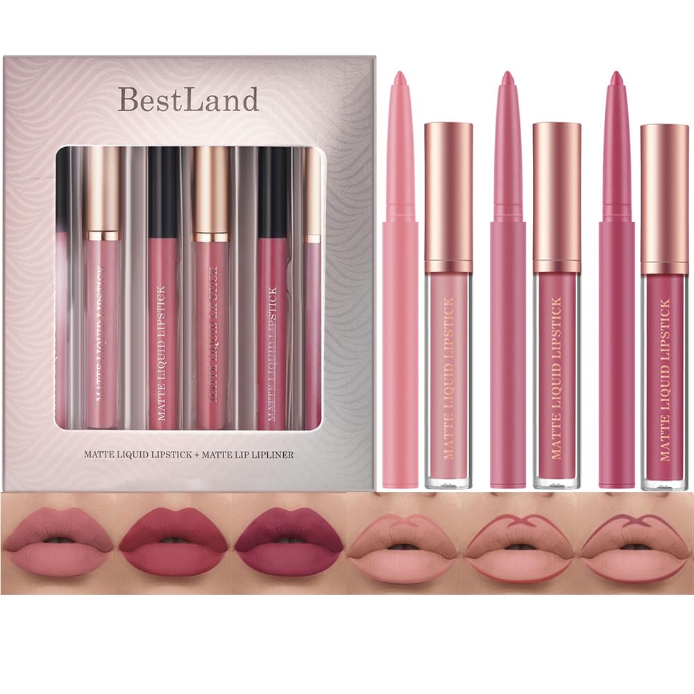 BestLand 12Pcs Matte Liquid Lipstick + Lip Liner Pens Set, One Step Lips Makeup Kits Pigment Velvety Nude Lip Stain Waterproof Long Wear Lip Gloss Make up Gift Set (Set A)