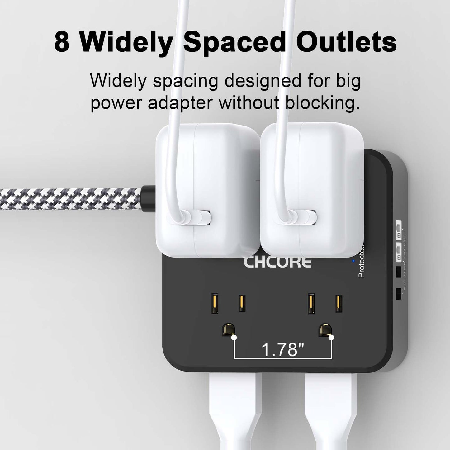 Surge Protector Power Strip - CHCORE 5Ft Braided Extension Cord with 8 Outlets with 4 USB (2 USB C) Charging Ports, Flat Plug Multi Plug Outlet Extender Charging Station for Home Office, ETL, White