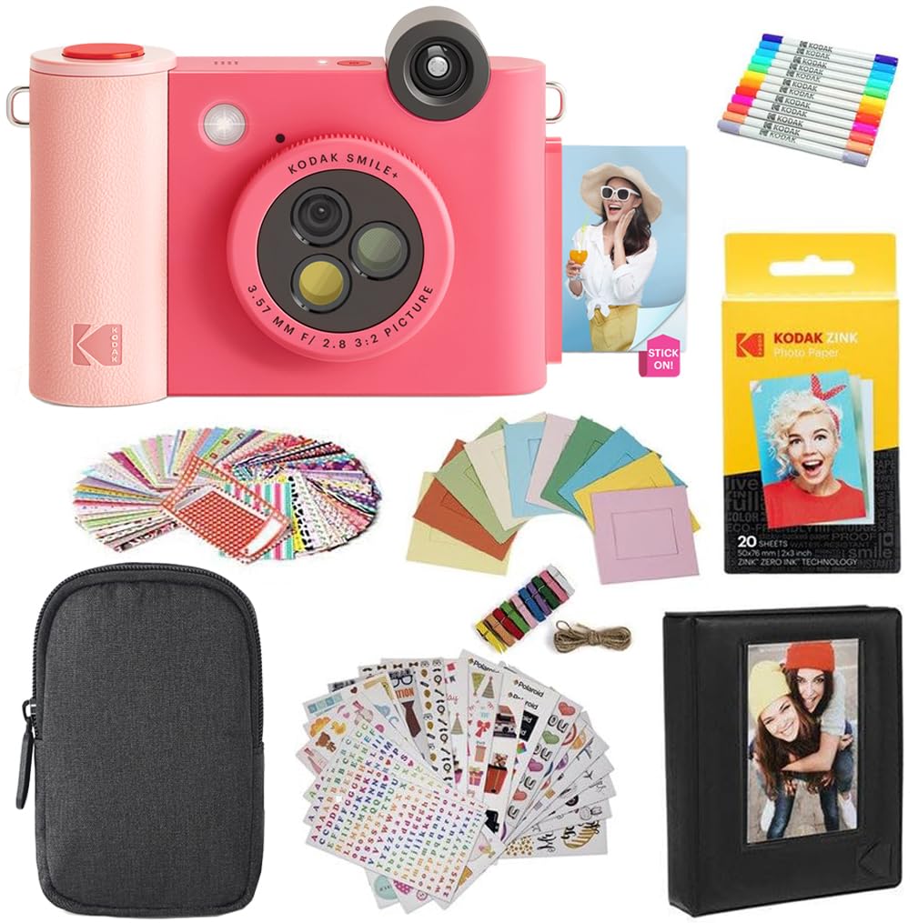 KODAK Smile+ 2-in-1 Digital Instant Print Camera & Wireless Bluetooth Photo Printer - 10MP, Special-Effect Rotating Lens, Zink 2x3” Sticky-Back Photos, Print via Fun App from Smart Devices - Fuchsia