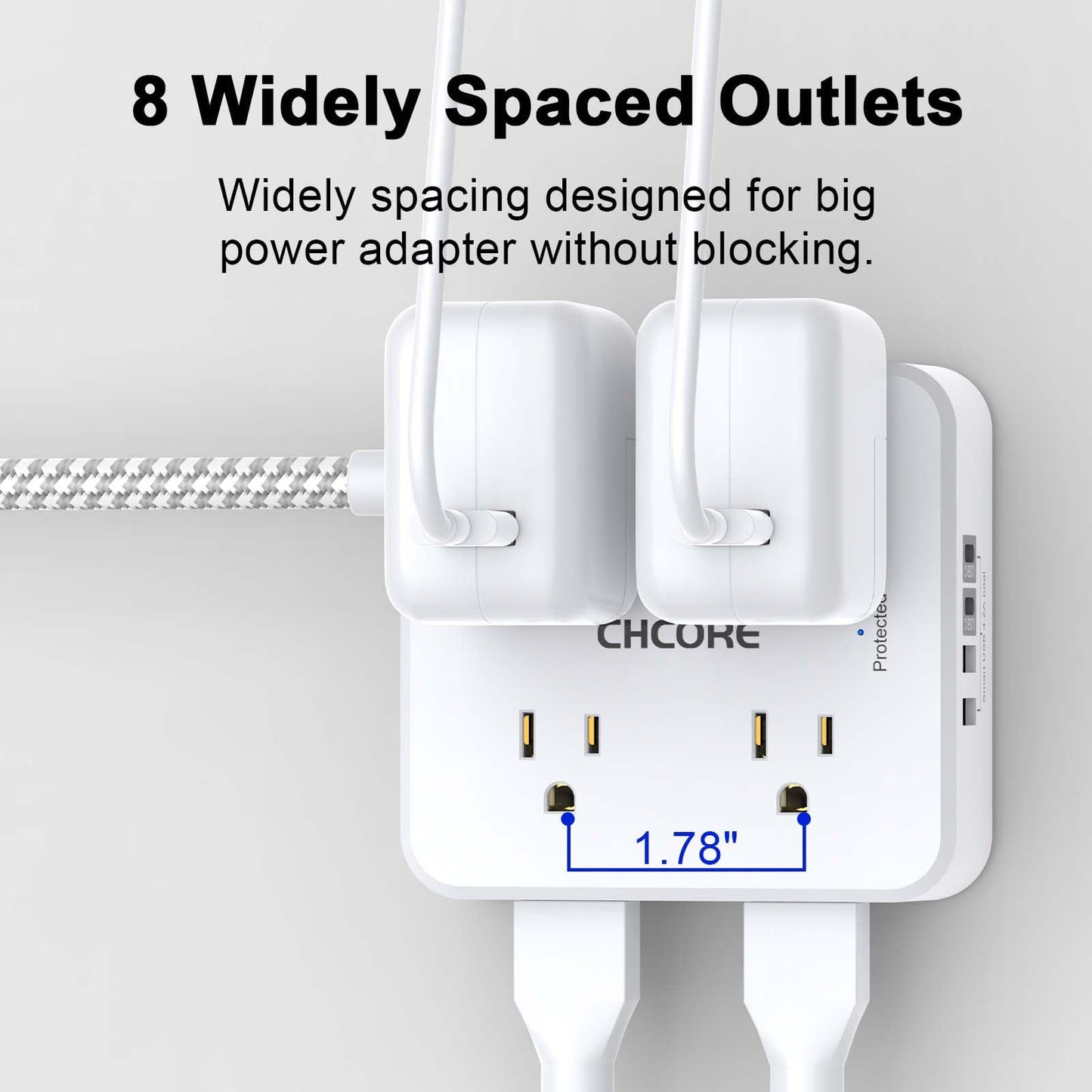 Surge Protector Power Strip - CHCORE 5Ft Braided Extension Cord with 8 Outlets with 4 USB (2 USB C) Charging Ports, Flat Plug Multi Plug Outlet Extender Charging Station for Home Office, ETL, White