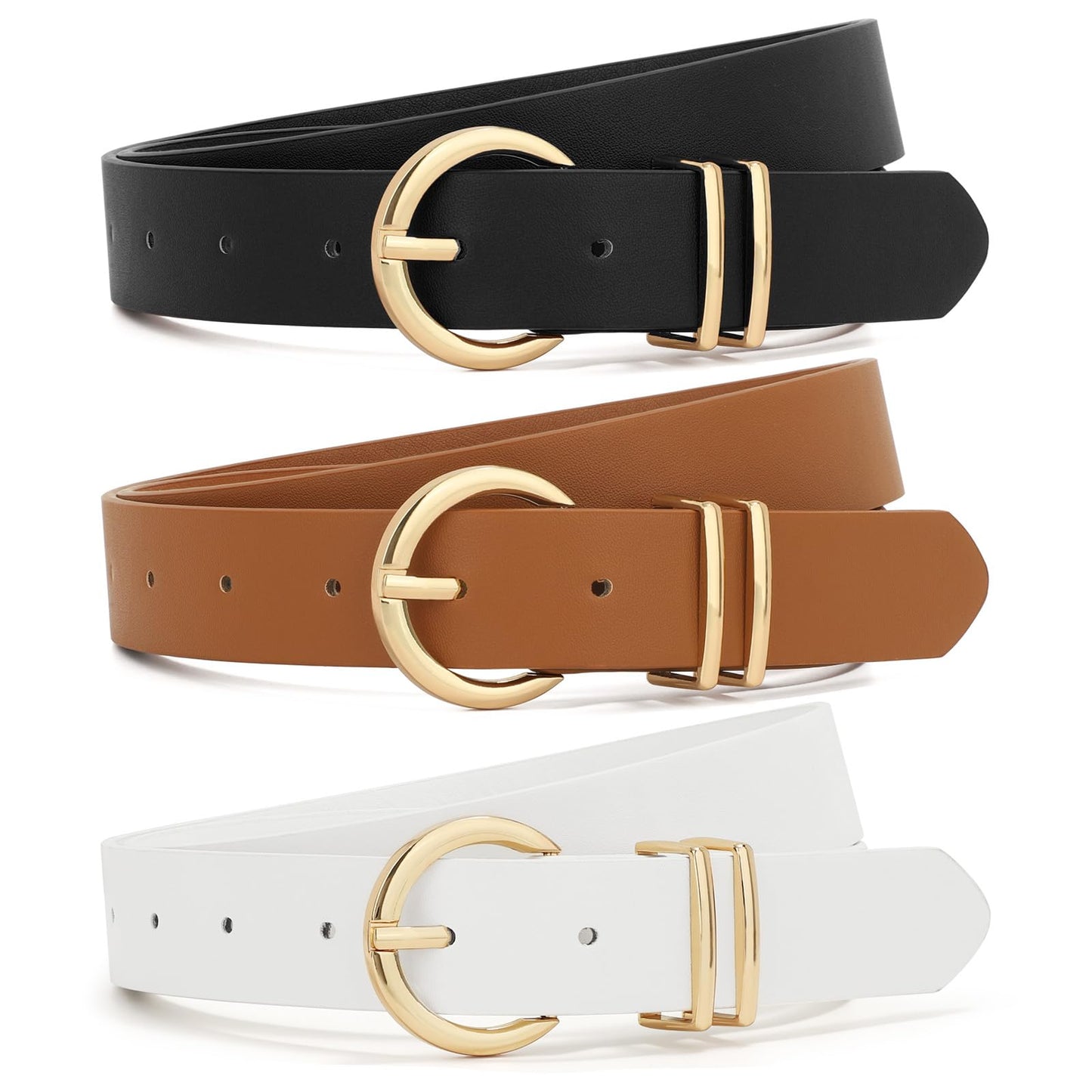 XZQTIVE 3 Pack Women Belts For Jeans Dresses Pants Ladies Leather Waist Belt with Gold Buckle