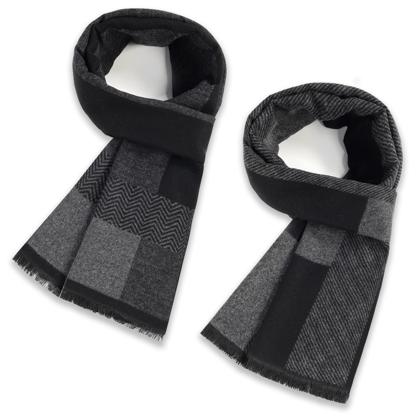 SUNOVELTIES Mens Winter Warm Scarf, 2 Pack Feel Wool Blend Tassel Soft Scarves Black Grey Long Grid Plaid Pattern