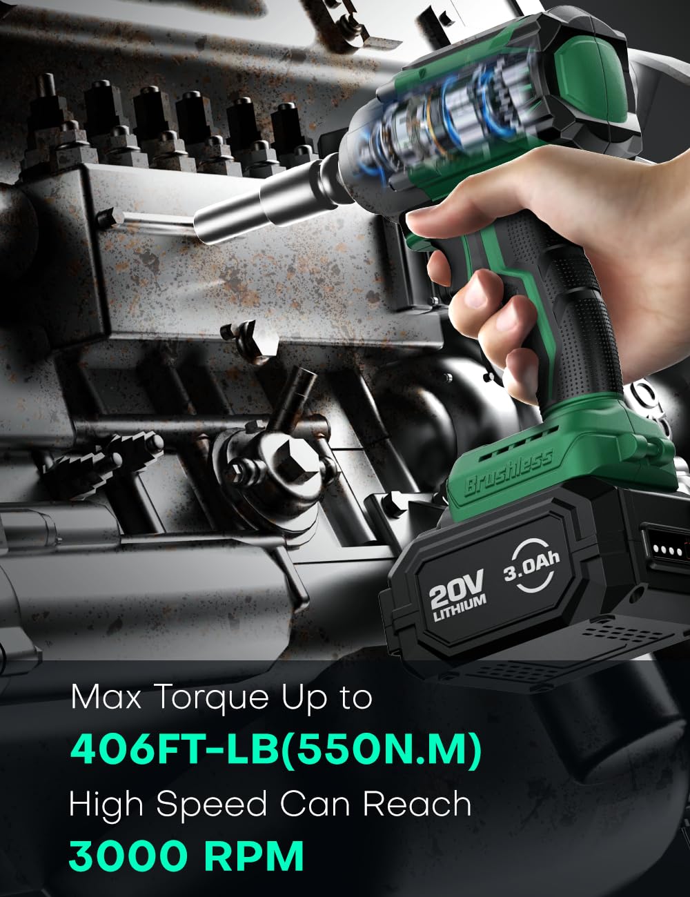 KIMO Impact Wrench 1/2 Cordless,550N.m/406ft-lbs Max Torque & 3000RPM, 2x20V 3.0Ah Battery, Impact Gun with 7 Drive Impact Sockets, 3 Inch Extension Bar, 1 Hour Fast Charger Impact Drill for Car Tires