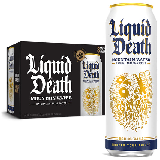 Liquid Death, Still Mountain Water, 8-Pack (King Size 19.2oz Cans), Real Mountain Source