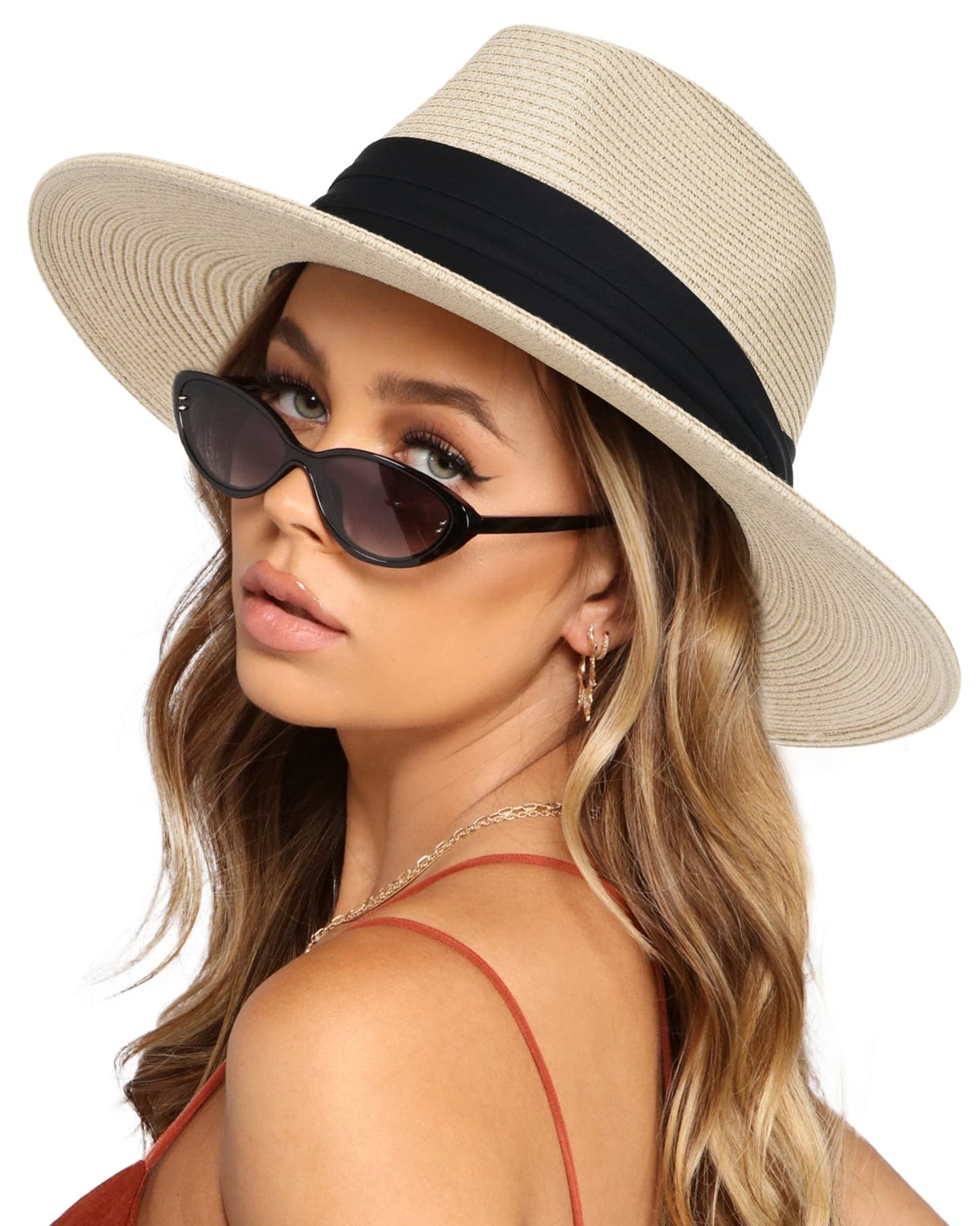 FURTALK Womens Mens Wide Brim Straw Panama Hat Fedora Summer Beach Sun Hat UPF Straw Hat for Women