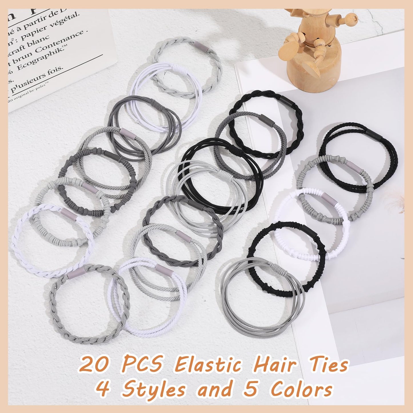 20 PCS Boho Hair Ties, Bracelets Hair Ties for Thick or Thin Hair, 4 Styles Boho Ties for Ponytail Holders, 2.36’’ Hair Ties No-Damage, Brown