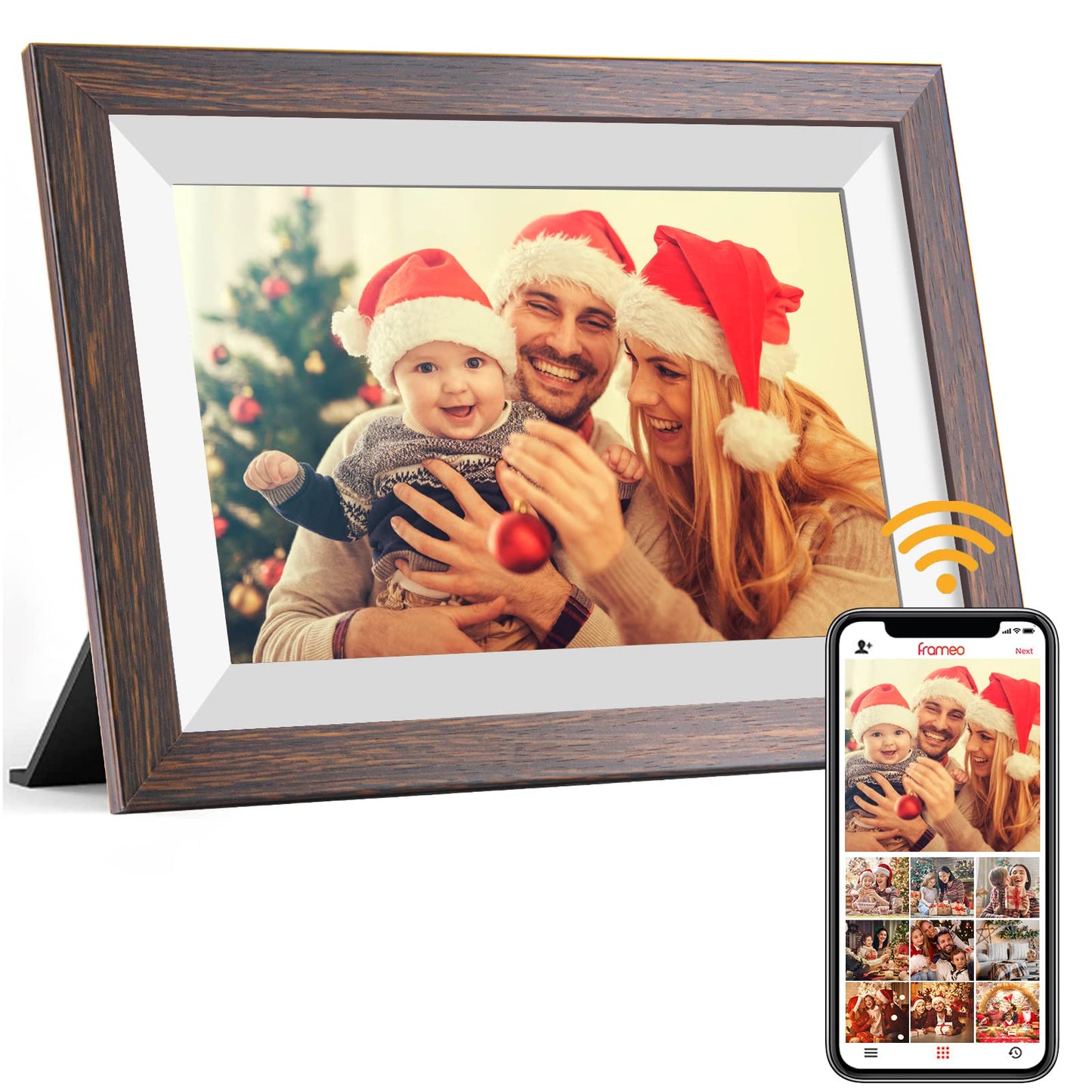 Frameo Digital Picture Frame WiFi 10.1inch Digital Photo Frame,Electronic Photo Frame Load from Phone,1280x800 IPS Touch Screen HD Display,Auto-Rotate,Share Photos/Video-Great Gift(Brown Wood)