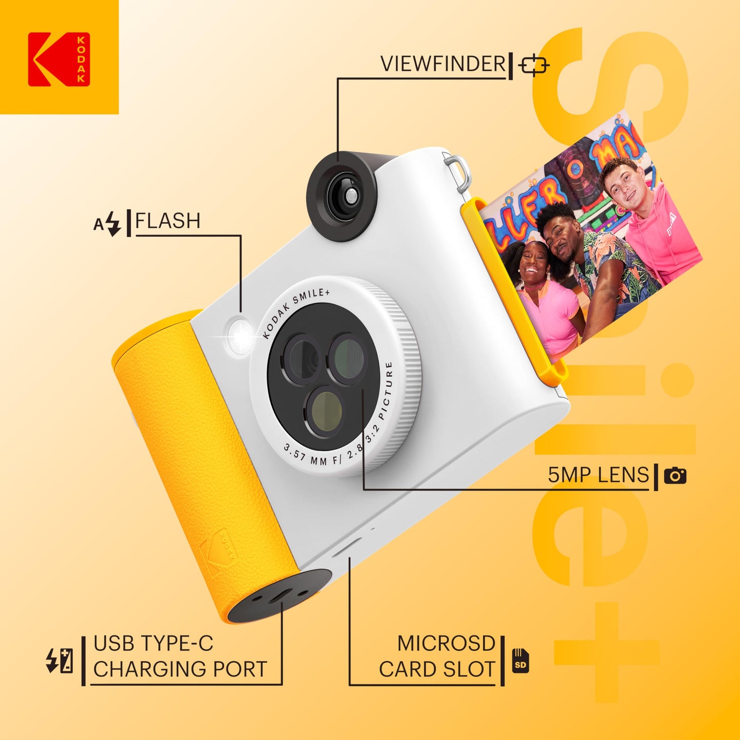 KODAK Smile+ 2-in-1 Digital Instant Print Camera & Wireless Bluetooth Photo Printer - 10MP, Special-Effect Rotating Lens, Zink 2x3” Sticky-Back Photos, Print via Fun App from Smart Devices - Fuchsia