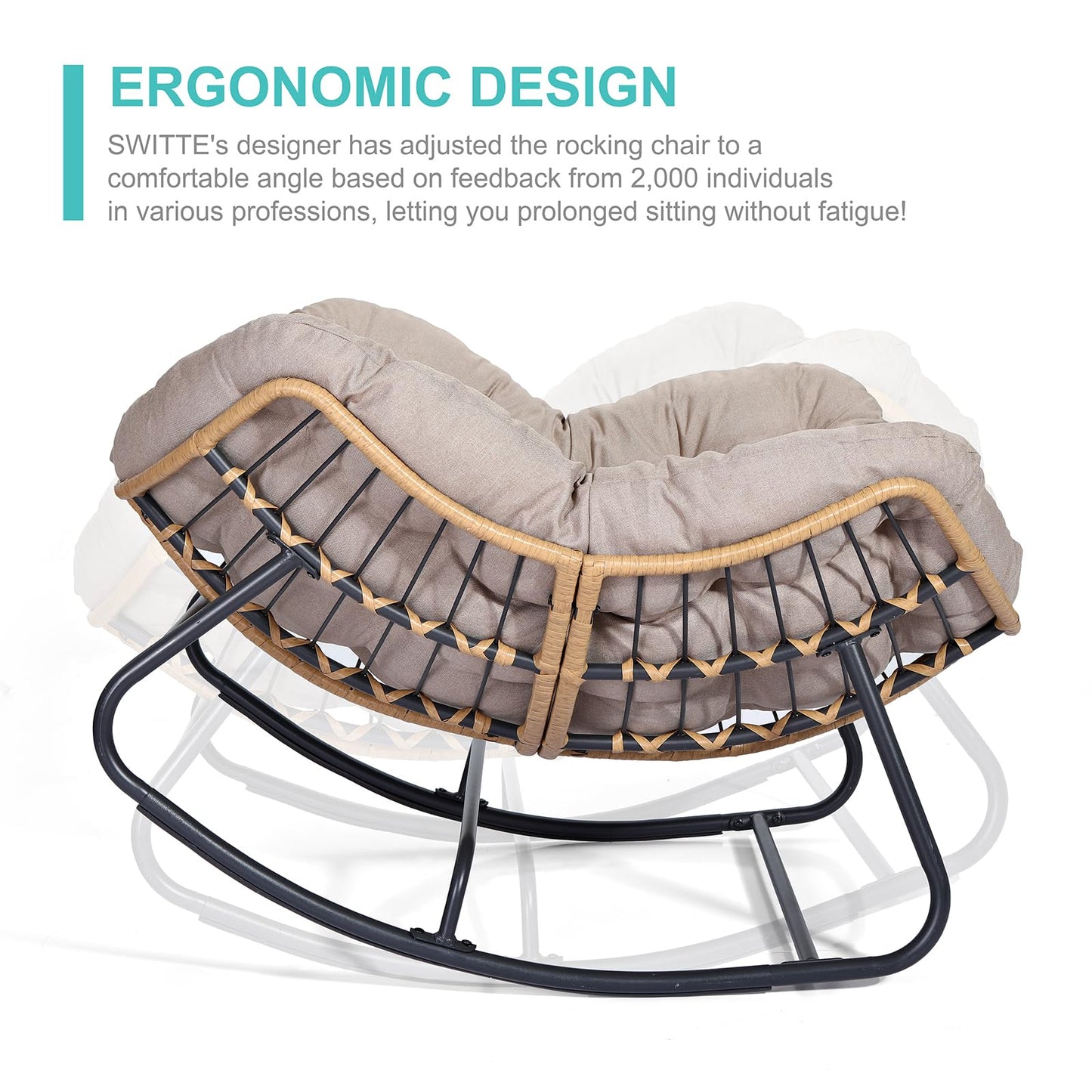 SWITTE Outdoor Rocking Chair, Patio Egg Rocking Chair, Indoor Papasan Chair, Rattan Wicker Lounge Chair, Modern Royal Chair for Bedroom, Living Room, Porch, Garden, Lawn-Beige