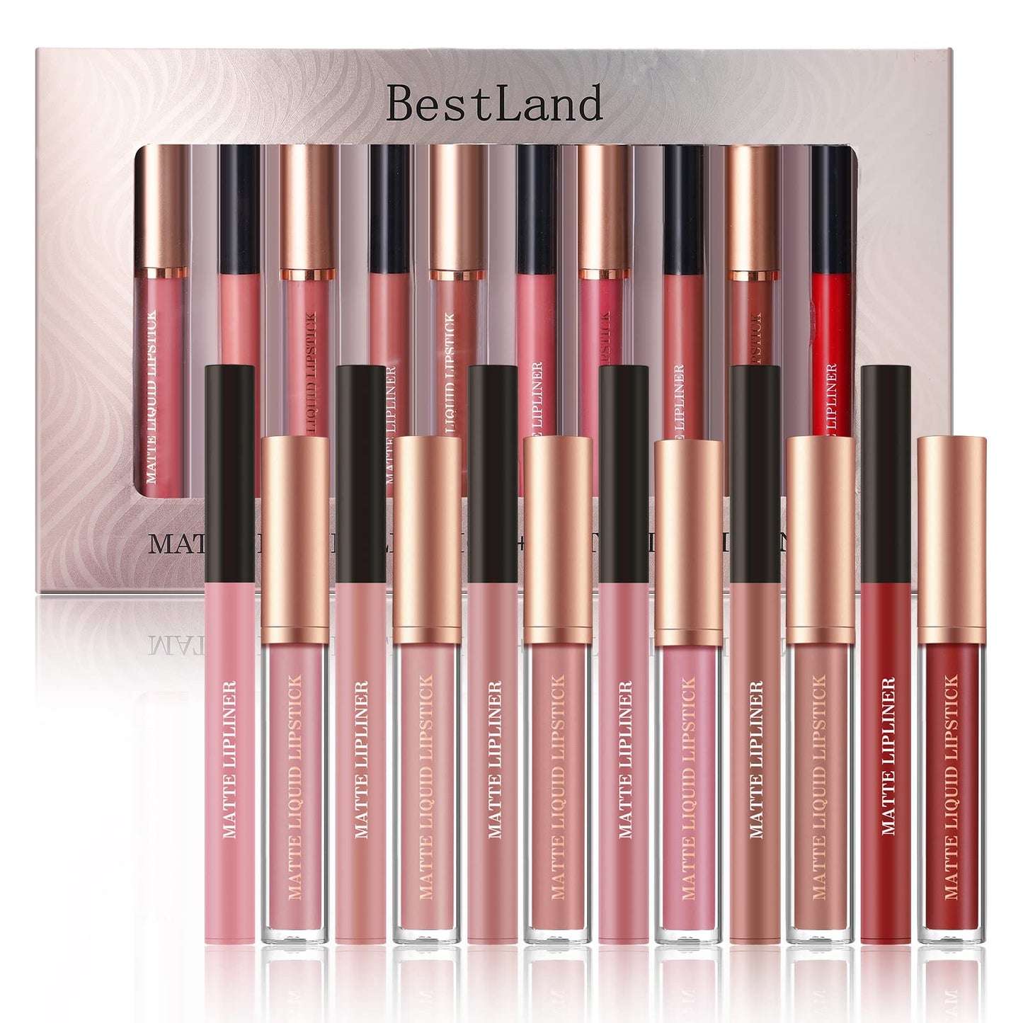 BestLand 12Pcs Matte Liquid Lipstick + Lip Liner Pens Set, One Step Lips Makeup Kits Pigment Velvety Nude Lip Stain Waterproof Long Wear Lip Gloss Make up Gift Set (Set A)