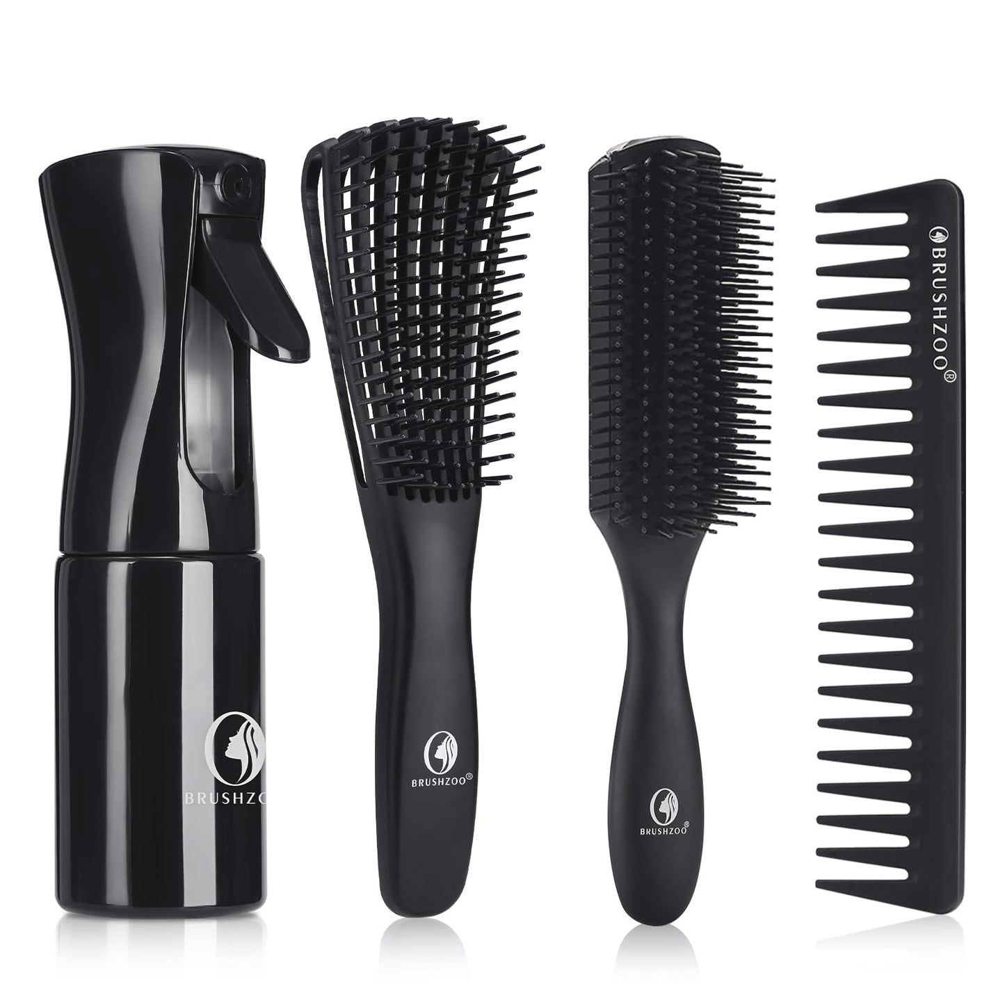 BRUSHZOO Hair Brush Set for Women, Men, and Kids - Detangling Brushes for Curly and Natural 3/4abc Hair, Wide Tooth Comb, Detangler Brush, and Hair Spray Bottle