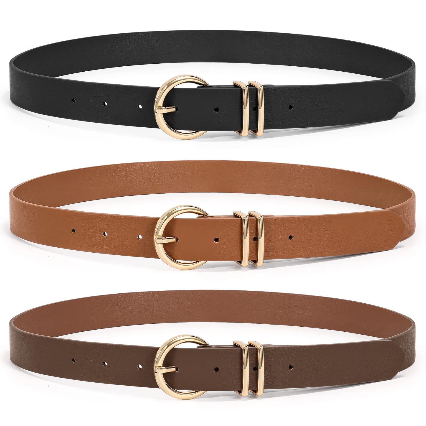 XZQTIVE 3 Pack Women Belts For Jeans Dresses Pants Ladies Leather Waist Belt with Gold Buckle