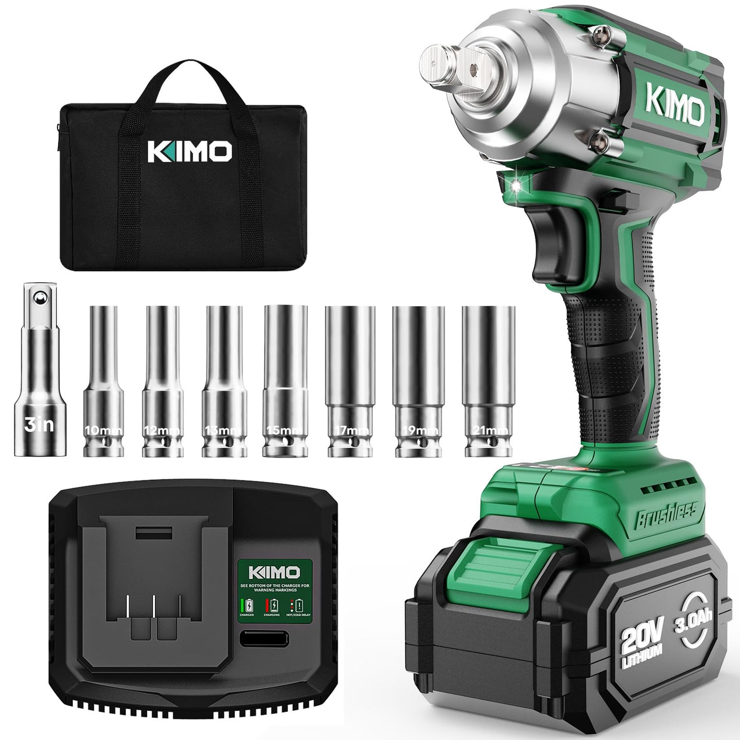 KIMO Impact Wrench 1/2 Cordless,550N.m/406ft-lbs Max Torque & 3000RPM, 2x20V 3.0Ah Battery, Impact Gun with 7 Drive Impact Sockets, 3 Inch Extension Bar, 1 Hour Fast Charger Impact Drill for Car Tires