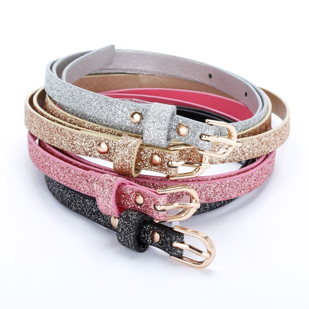 Kids Ultra-Skinny Sparkly Belt, Ages 4-7 Years and 8-14 Years, Stylish Glitter Belt for Girls