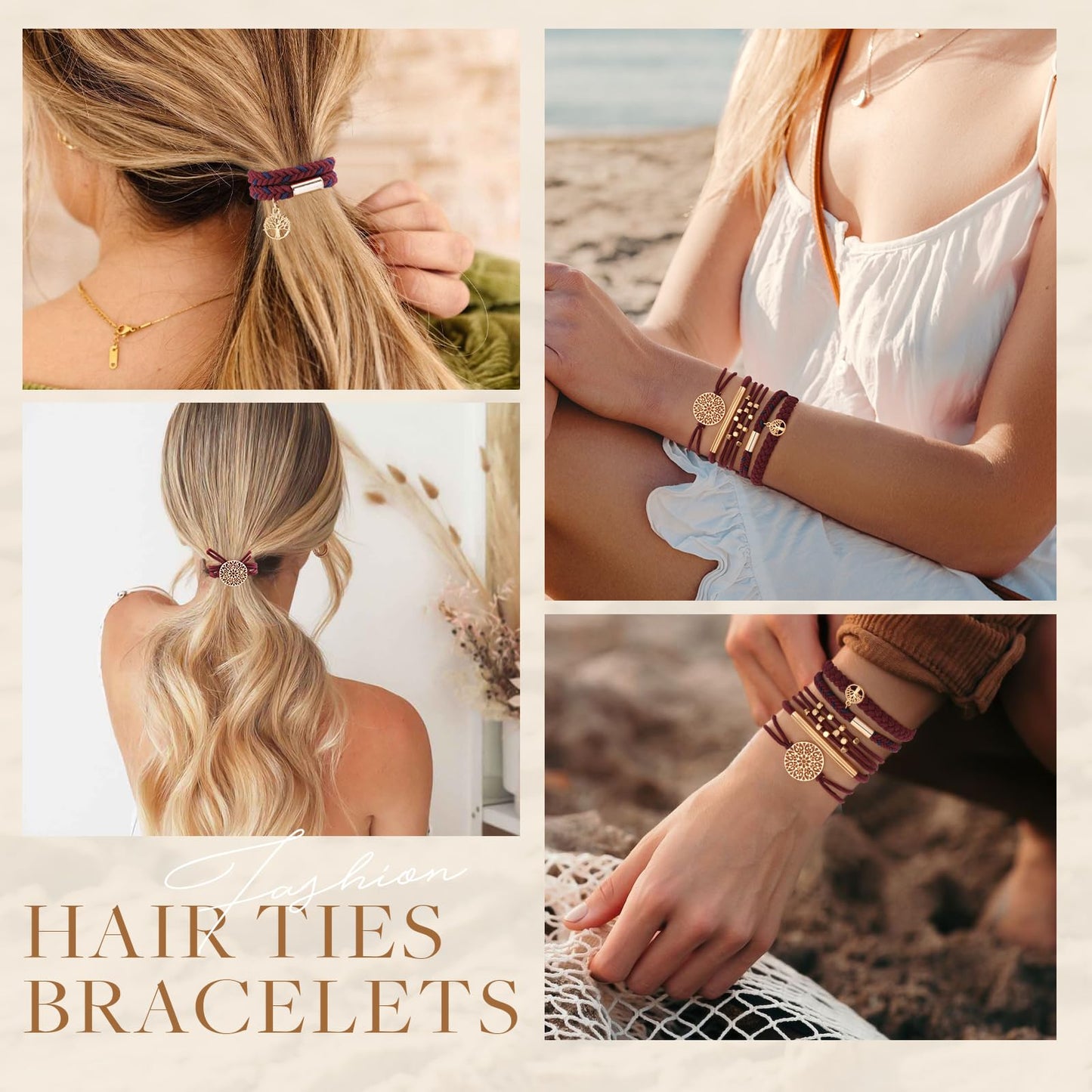 20 PCS Boho Hair Ties, Bracelets Hair Ties for Thick or Thin Hair, 4 Styles Boho Ties for Ponytail Holders, 2.36’’ Hair Ties No-Damage, Brown