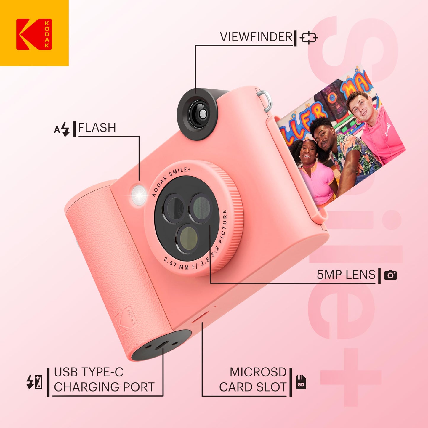 KODAK Smile+ 2-in-1 Digital Instant Print Camera & Wireless Bluetooth Photo Printer - 10MP, Special-Effect Rotating Lens, Zink 2x3” Sticky-Back Photos, Print via Fun App from Smart Devices - Fuchsia