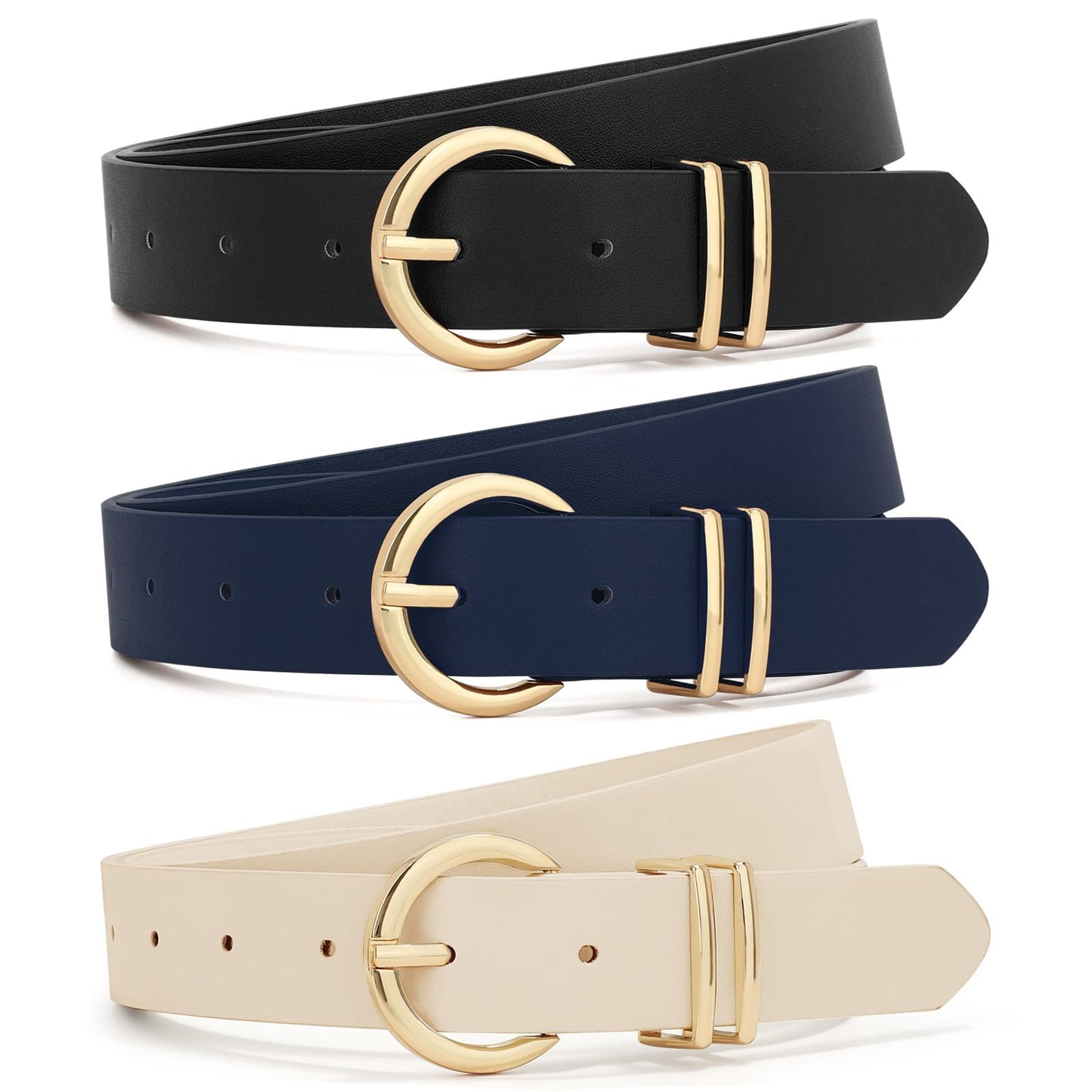 XZQTIVE 3 Pack Women Belts For Jeans Dresses Pants Ladies Leather Waist Belt with Gold Buckle