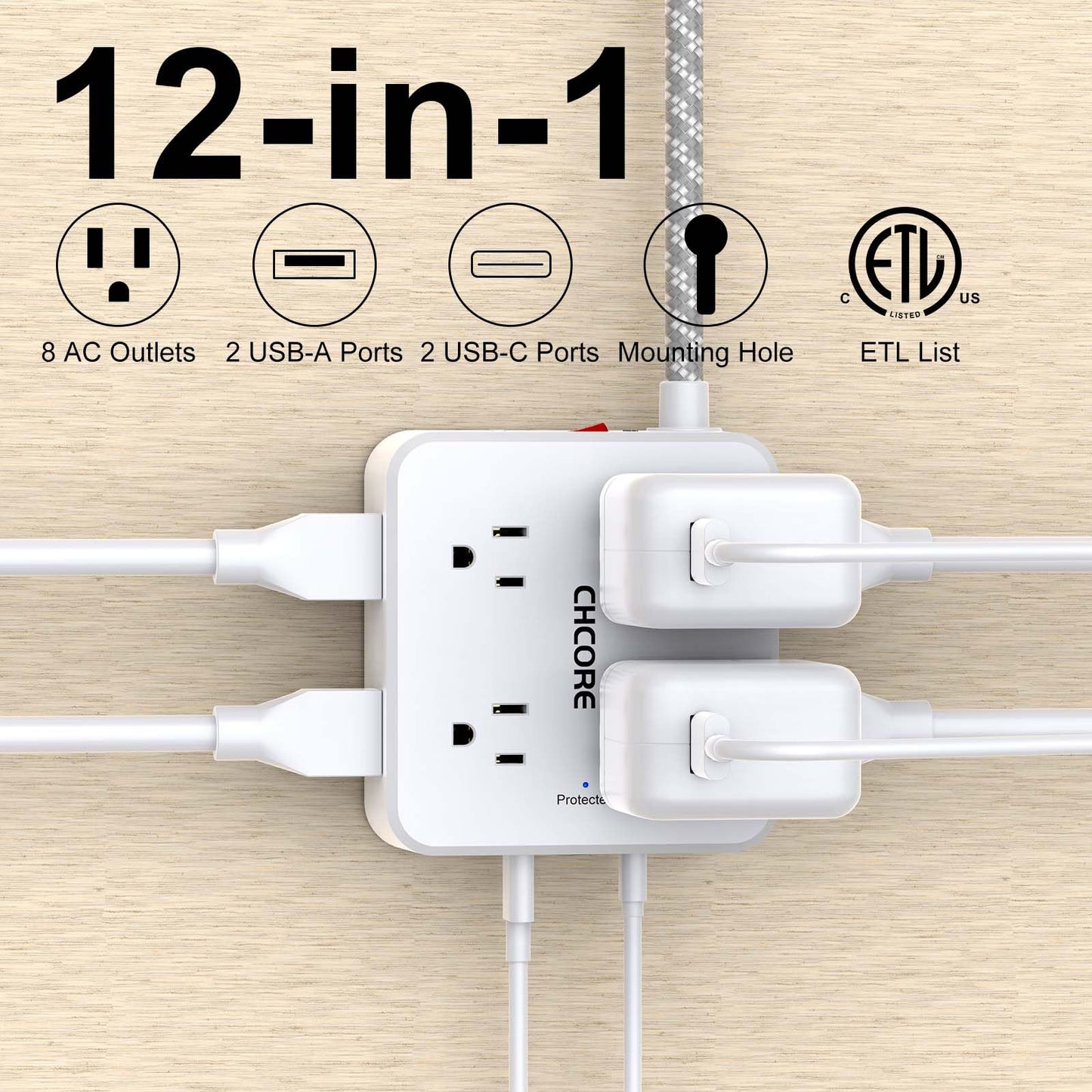 Surge Protector Power Strip - CHCORE 5Ft Braided Extension Cord with 8 Outlets with 4 USB (2 USB C) Charging Ports, Flat Plug Multi Plug Outlet Extender Charging Station for Home Office, ETL, White