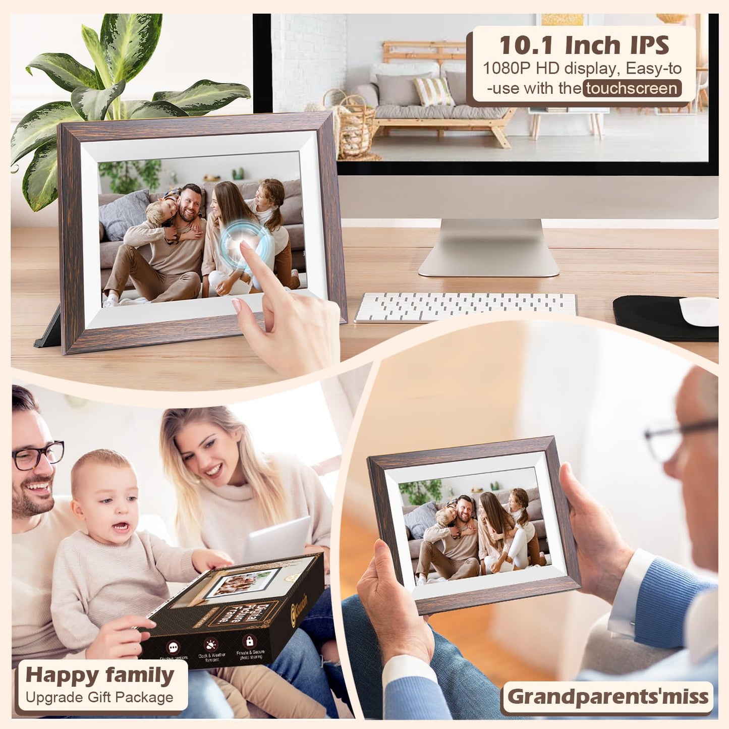 Frameo Digital Picture Frame WiFi 10.1inch Digital Photo Frame,Electronic Photo Frame Load from Phone,1280x800 IPS Touch Screen HD Display,Auto-Rotate,Share Photos/Video-Great Gift(Brown Wood)