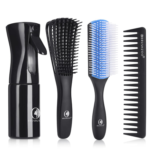 BRUSHZOO Hair Brush Set for Women, Men, and Kids - Detangling Brushes for Curly and Natural 3/4abc Hair, Wide Tooth Comb, Detangler Brush, and Hair Spray Bottle