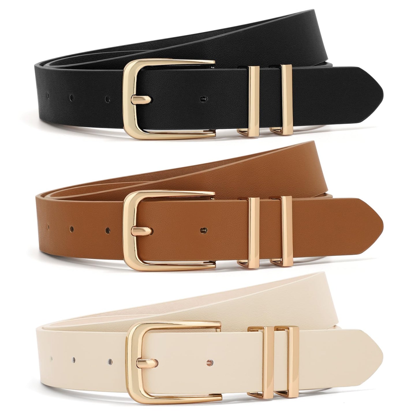 XZQTIVE 3 Pack Women Belts For Jeans Dresses Pants Ladies Leather Waist Belt with Gold Buckle